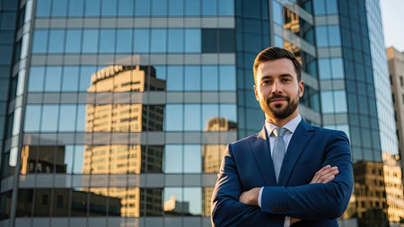 A man in a suit stands with arms crossed in front of a glass-walled building. The image features a medium shot with natural sunlight. The composition is clean with a focus on the subject. It is suitable for commercial and editorial content, conveying themes of success and professional achievement.の素材