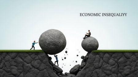 An illustration depicts the concept of economic inequality with small figures interacting with large boulders. One figure sits atop a boulder, while others struggle with another. The composition uses cool tones, a simple background, and symbolic visual elements to convey a conceptual idea. Suitable for commercial or editorial use relating to economy.の素材