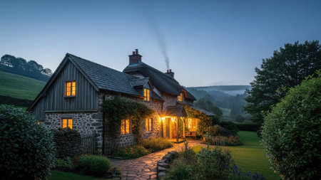 A quaint cottage features illuminated windows and a smoking chimney against a twilight sky. The building, constructed with stone and wood, is surrounded by lush greenery. The scene presents a tranquil atmosphere, potentially suitable for travel promotions, real estate visuals, or illustrating peaceful living.の素材