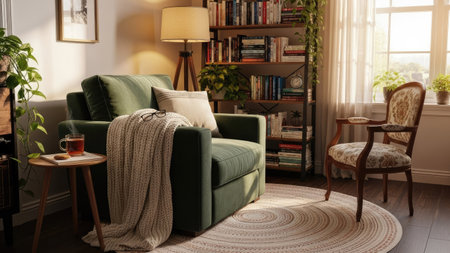 This interior scene showcases a well-lit living room with a green armchair, bookshelf, and a decorative chair. The composition features warm lighting, emphasizing the textures of the furniture and accessories. The setting suggests an indoor environment, suitable for various design, lifestyle, and home decor applications.の素材