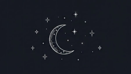 An illustration depicts a crescent moon surrounded by shining stars. The artwork utilizes a minimalist, hand-drawn style with white lines against a dark background, suggesting a night sky. This image may be appropriate for various design projects, including digital art, print media, or website elements.の素材