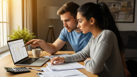 A man and a woman are seated at a wooden table, concentrating on a laptop screen. They are reviewing papers and documents. Soft lighting and a warm color palette enhance the domestic setting. This image may be suitable for financial planning, home business, or relationship content.の素材