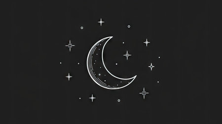 An illustration depicts a crescent moon and stars against a dark backdrop. The composition features a hand-drawn style with fine lines. The colors are limited to shades of gray and white. This image could be used for various design projects, including digital art, print, or commercial applications.の素材