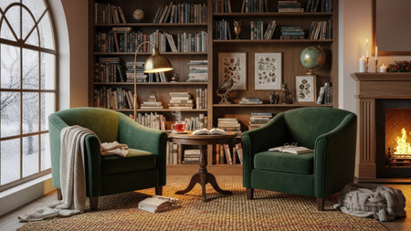 An inviting interior scene features two green armchairs positioned before a grand bookshelf. A small table holds a cup, illuminated by a warm lamp. A fireplace casts a cozy glow while soft light streams through a window. This composition could be suitable for lifestyle blogs or editorial projects.の素材