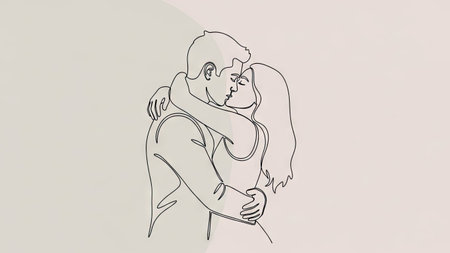 A minimalist line drawing depicts a couple in an embrace, engaged in a tender kiss. The artwork features a continuous line, showcasing a man and a woman in a romantic posture. The neutral tones and simple style suggest suitability for various applications, including design projects, illustrations, or conceptual visuals.の素材