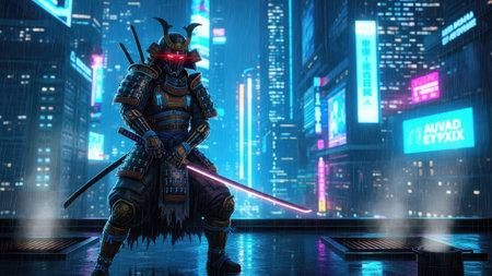 A samurai warrior stands in a futuristic city environment. The scene features glowing neon signs, creating a dark, atmospheric backdrop. The warrior is clad in detailed armor and holds a sword. The composition uses dramatic lighting with strong contrasts suitable for diverse commercial applications.の素材
