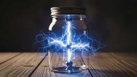 A glass jar houses an intense display of bright blue electrical energy, sparking and crackling within. The scene is illuminated, highlighting the clear glass against a dark backdrop and a wooden surface. The image could be suitable for illustrating concepts of power, innovation, or scientific discovery in various visual projects.の素材