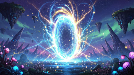 A digital illustration showcases a large, glowing portal emitting energetic beams, set against a surreal landscape with floating islands. The scene features vibrant blues, oranges and purples, complemented by dynamic lighting effects, suggesting a cosmic or futuristic environment. This image is suitable for a wide array of uses, including editorial and commercial projects.の素材