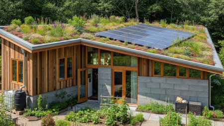 An eco-friendly house features a living roof and solar panels. The exterior showcases wood and concrete materials with a modern design. The composition is a medium shot taken during the day with natural sunlight and the image could be used for promoting sustainable architecture and green living.の素材