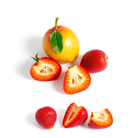 An overhead shot reveals an assortment of fresh fruit, including an apple and several strawberries. The fruits display vibrant red and yellow hues against a plain white backdrop. The composition is brightly lit, emphasizing the natural colors and textures, suitable for various culinary and health-related projects.の素材