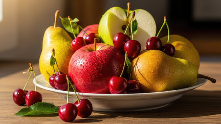A vibrant assortment of various fruits displayed on a white plate. Apples, cherries, and pears are the primary elements, showcasing diverse colors and textures. Natural sunlight illuminates the scene, enhancing the appeal of the fresh produce. This composition is suitable for illustrating themes related to health, nutrition, and food.の素材
