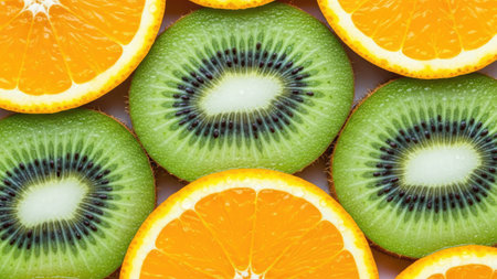 This close-up image showcases slices of vibrant green kiwi and orange fruit. The arrangement of the fruit creates an eye-catching pattern. The high-angle shot and bright colors suggest potential use for healthy lifestyle or food-related commercial applications.の素材