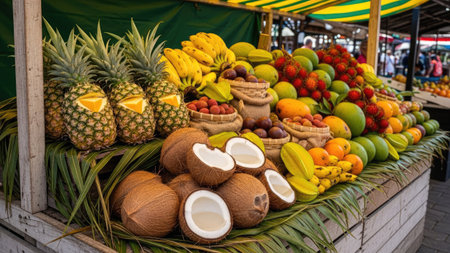 A vibrant assortment of various fresh fruits is displayed on a market stall. The composition features pineapples, coconuts, bananas, mangoes, and other fruits. The scene showcases a variety of colors and textures, suggesting a daytime, outdoor setting. This image may be suitable for commercial and editorial purposes.の素材