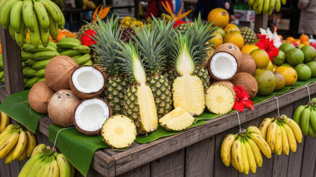 A vibrant assortment of various fresh tropical fruits displayed on a wooden surface. The composition includes ripe pineapples, coconuts, bananas, and other fruits. The scene features daylight, showcasing the natural colors and textures. Suitable for illustrating health, wellness, food and market themes, and more.の素材