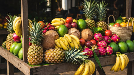 A vibrant assortment of various tropical fruits is displayed, including pineapples, bananas, and coconuts. The image showcases an outdoor setting with natural light illuminating the colorful composition. This photograph could be used for various commercial or editorial purposes, promoting healthy eating and fresh produce.の素材