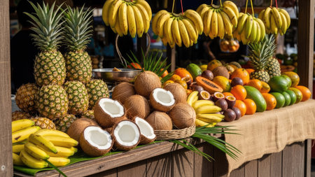 A vibrant assortment of tropical fruits is artfully arranged on a wooden table. Pineapples, bananas, and coconuts are prominently featured. The composition showcases a variety of colors and textures, suggesting a sunny outdoor market setting. This image could be suitable for use in promotional materials or editorial content.の素材