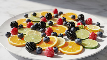 A close-up showcases a plate filled with vibrant slices of oranges, limes, and lemons, accented by raspberries, blackberries, and blueberries. The composition features a variety of colors, textures, and shapes, illuminated by natural sunlight, suggesting a healthy eating concept with potential uses in wellness promotions.の素材