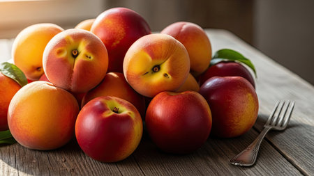 A pile of ripe peaches is presented on a textured wooden surface. The composition features vibrant colors, with varying shades of red, orange, and yellow. Natural light highlights the fruit's texture. Suitable for various uses, this image could enhance marketing materials or editorial content.の素材