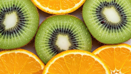 This image features overhead arrangement of kiwi and orange slices. The fruits are arranged in a pattern, displaying vibrant colors. The natural lighting highlights the textures. Suitable for illustrating healthy eating, recipes, or general food-related themes. Could be used for commercial or editorial purposes.の素材