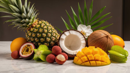 A vibrant assortment of tropical fruits is arranged on a light-colored surface. The composition features a pineapple, coconut, mango, passion fruit, lychee, carambola, and other citrus fruits. Natural lighting illuminates the colorful textures and varied shapes, suggesting a healthy lifestyle and potential use for food-related projects or advertising campaigns.の素材