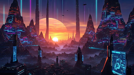 An imaginative cityscape features tall, slender towers and structures against a vibrant sunset. The composition employs a digital art style with neon highlights and detailed textures. The setting appears to be outdoors, bathed in warm and cool colors. Suitable for various creative projects and visualizations.の素材