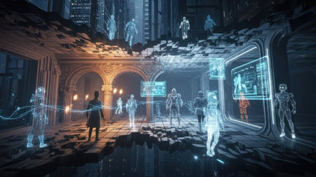 The image showcases a futuristic scene with holographic figures within a technologically advanced environment. Visuals feature blue light accents and a blend of digital and architectural elements. The composition utilizes interesting perspective with a focus on computer generated content. Potential uses include illustrations for science fiction projects, technology articles, and futuristic themes.の素材