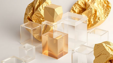 An artistic composition features transparent and gold-colored geometric shapes. The arrangement includes cubes and faceted forms with reflective surfaces. The image is captured with soft lighting, highlighting textures. Suitable for various design projects and advertising, this visual presents a modern aesthetic.の素材