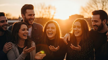 A group of diverse people share laughter and joy in an outdoor setting, illuminated by warm sunlight. The image showcases a candid moment of connection and happiness, with natural lighting enhancing the colors and textures. This image is suitable for various commercial uses, including lifestyle and social media content.の素材