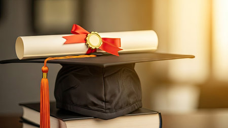 A classic black mortarboard rests upon a stack of books, with a rolled diploma tied with a red ribbon. The image features warm lighting, suggesting an indoor setting. This composition showcases education, achievement, and learning, and is suitable for educational resources and academic publications.の素材