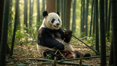 A giant panda sits amidst green bamboo stalks, enjoying a meal. The image showcases a black and white panda with a lush green backdrop, suggesting a natural habitat. Overhead sunlight filters through the trees, providing a soft glow. This image is suitable for environmental, wildlife, or educational publications.の素材