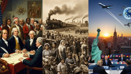 This composite image illustrates societal development through different eras. Depicted are historical figures, industrial scenes, and modern cityscapes. The artwork utilizes various artistic styles and compositions, employing rich colors and textures. Suitable for illustrating history, progress, or the evolution of civilization in editorial or commercial applications.の素材