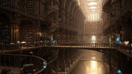 An interior view of a majestic library features intricate architectural details and numerous bookshelves. The scene is illuminated by soft light, highlighting the spiraling staircases and arched ceilings. This image could be suitable for illustrations, educational material, or conceptual projects.の素材
