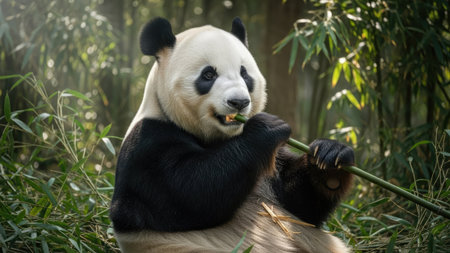 A giant panda is captured in a natural setting, consuming bamboo. The image showcases the animal's distinctive black and white fur against a backdrop of green foliage. The scene is illuminated by sunlight, highlighting the textures and details. This image could be used for various commercial and editorial applications.の素材