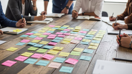 A group of professionals collaborates around a wooden table, focusing on an array of colorful sticky notes. The image features a daylight environment, with an overhead composition that highlights the notes' patterns. Suitable for commercial applications, the scene implies teamwork and project planning within an office or educational setting.の素材