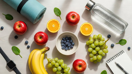 An overhead shot showcases a vibrant array of healthy choices including fresh fruits and fitness equipment. Red apples, oranges, and bananas are interspersed with green grapes and blueberries. A yoga mat, water bottle, and smartwatch suggest a focus on well-being and exercise. The composition is bathed in natural light, suitable for commercial projects.の素材