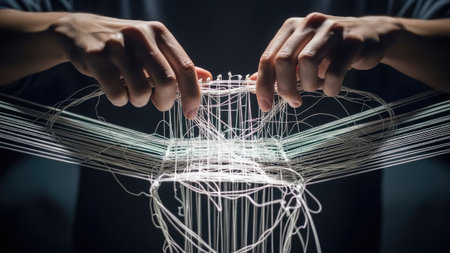 Two hands manipulate delicate threads, constructing an intricate, web-like form. The image presents a close-up view with a shallow depth of field, focusing on the interwoven materials and human interaction. The color palette is neutral, enhanced by lighting which emphasizes texture, creating a sense of precision. It is suitable for various creative or illustrative projects.の素材