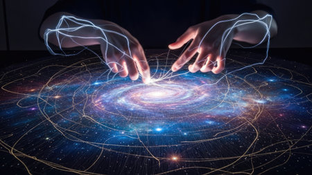 Two hands interact with an illuminated display depicting a galaxy. The image showcases a futuristic concept using bright lines and glowing effects against a dark background. The composition suggests advanced technology with potential applications in presentations or editorial content for science or innovation.の素材