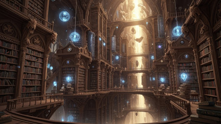 An interior image showcases a grand library with tall bookshelves, a central pool, and ornate architectural details. The scene is illuminated by glowing blue spheres and warm overhead light. The style evokes fantasy, with potential applications for editorial content and creative projects. The composition emphasizes depth and scale.の素材