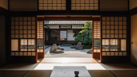 An interior space features traditional Japanese architecture, with wooden frames and sliding doors. Natural light streams in, illuminating a serene garden with rocks and plants. This visual concept suggests tranquility. Suitable for commercial applications, the image could be used for promoting culture, design or travel content.の素材