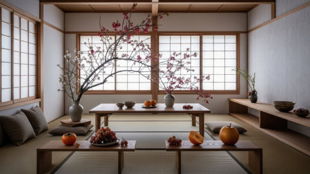 An interior space features a wooden table setting adorned with a floral arrangement. Natural light filters through traditional paper screens, illuminating the room's neutral color palette. The scene presents a serene composition with potential uses for lifestyle, design, or decorative projects. The space is inviting and designed for relaxation.の素材