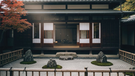 A traditional Japanese house features a meticulously designed zen garden. The scene presents a dark, symmetrical composition, the house entrance being the central focal point. The color palette includes earth tones, with the orange of the autumn leaves offering a contrast. This image could be used for illustrating themes related to culture, travel, or tranquility.の素材