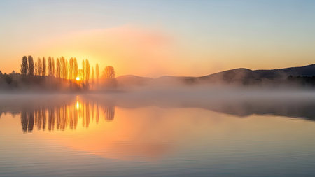 A stunning landscape captures a serene lake scene at dawn. The sun rises, casting a warm glow and reflecting on the calm water. Mist hovers above the lake, adding an ethereal quality. Silhouetted trees and hills complete the natural setting, suitable for various editorial and commercial applications.の素材