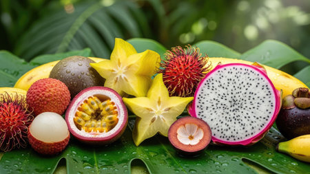 An assortment of colorful exotic fruits is presented on a lush green leaf background. The composition features diverse shapes and textures, with variations of red, yellow, and green. The overhead lighting suggests a daytime setting, suitable for illustrating nutrition and natural food concepts. This image is applicable for advertising or editorial use.の素材