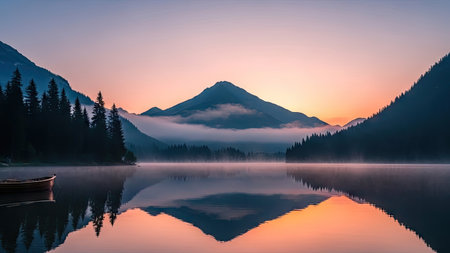 A serene landscape depicts mountains reflected in a calm lake at dawn. The scene features a soft, pastel color palette with shades of orange, blue, and purple. The composition includes a boat and mist, suggesting a peaceful, natural environment suitable for various commercial applications.の素材