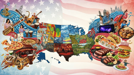 This colorful illustration features the shape of the United States filled with various images. Musical instruments, people, and different food items are arranged around the map. The artwork displays a combination of vibrant colors and textures, suggesting a celebratory or cultural theme. It may be suitable for editorial or commercial applications.の素材