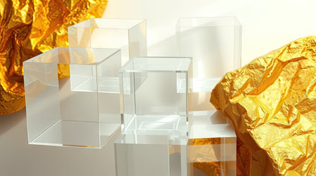 This image features transparent acrylic cubes arranged against a background of crinkled golden paper. The composition uses a minimalist aesthetic. The lighting suggests a studio setting. This versatile image could be used for advertising, product showcases, or conceptual design projects.の素材