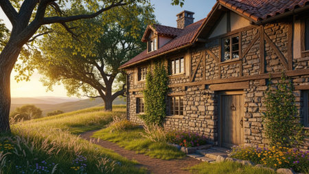 An inviting stone house stands on a grassy hill, a winding path leading to its wooden door. The architecture showcases a charming design. Warm sunlight bathes the scene, highlighting the textures of the stone and the lush greenery. This image may be suitable for real estate or travel-related publications.の素材