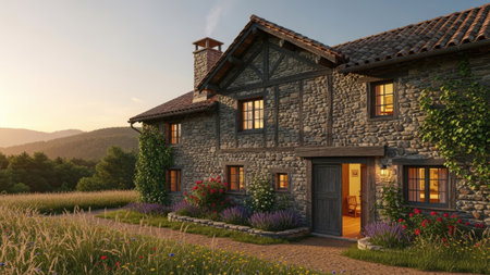 A detailed image showcases a stone house bathed in warm sunlight. The building features textured stonework and wooden accents. Surrounding the house, a field of tall grass and wildflowers extends towards distant mountains. Suitable for architectural, travel, or lifestyle content, it offers potential uses across various commercial platforms.の素材