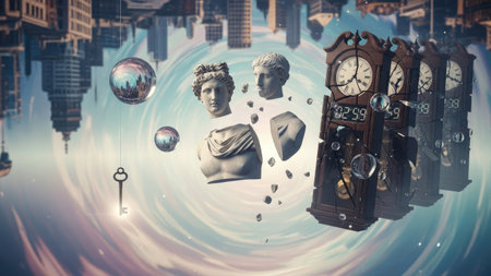 A surreal digital composition showcases multiple clocks, classical statues, and spheres suspended in a dreamlike environment. The image presents a swirling, inverted cityscape in the background. The lighting is bright and stylized with a mix of blue and yellow tones. The artwork may be suitable for creative projects or editorial use.の素材