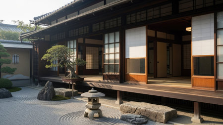 An exterior shot reveals a traditional Japanese building with sliding doors and a wooden veranda. The composition showcases the architecture, a neatly arranged garden, and a bonsai tree. The scene features natural lighting and neutral colors. This image could be used for various purposes including travel, culture, or design.の素材